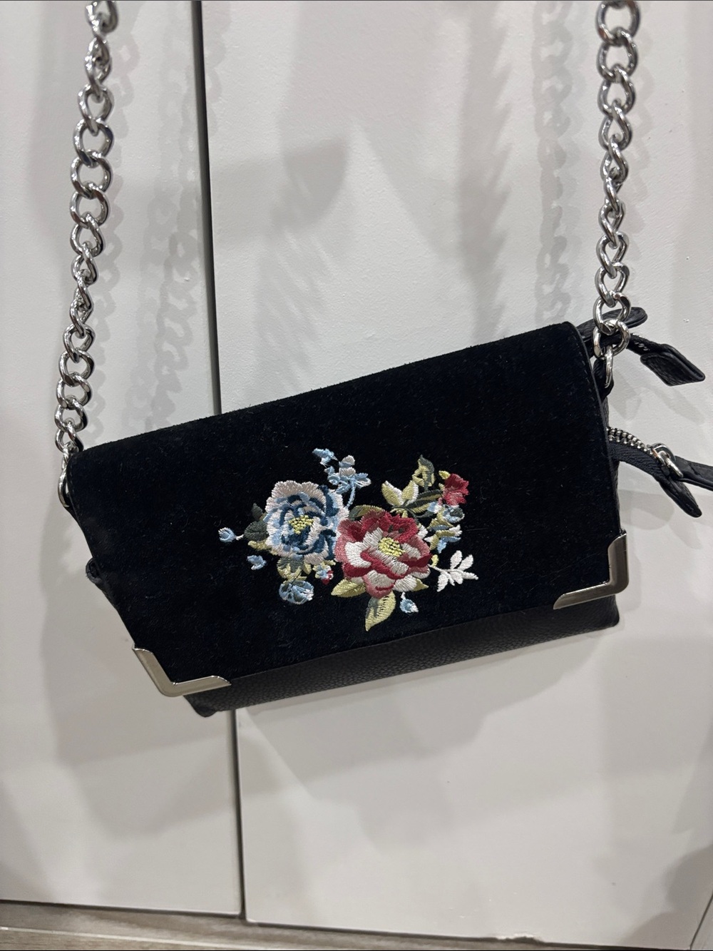 White House Black Market Black Velvet Floral Embroidered Crossbody